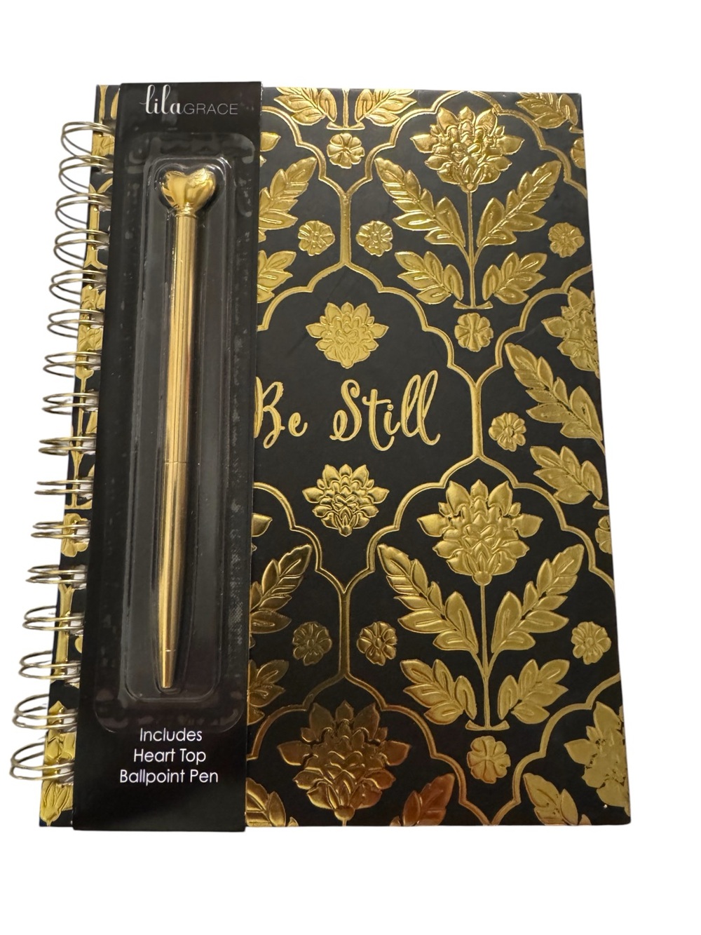 Lila Grace "Be Still" Black & Gold Floral Spiral Notebook with Gold Heart Pen